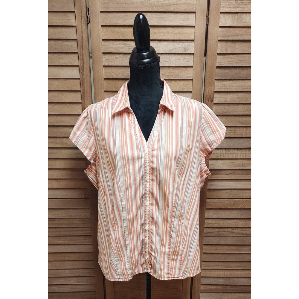 St. John's Bay Vintage Women's 1X Pink Striped Short-Sleeve Button-Down Blouse